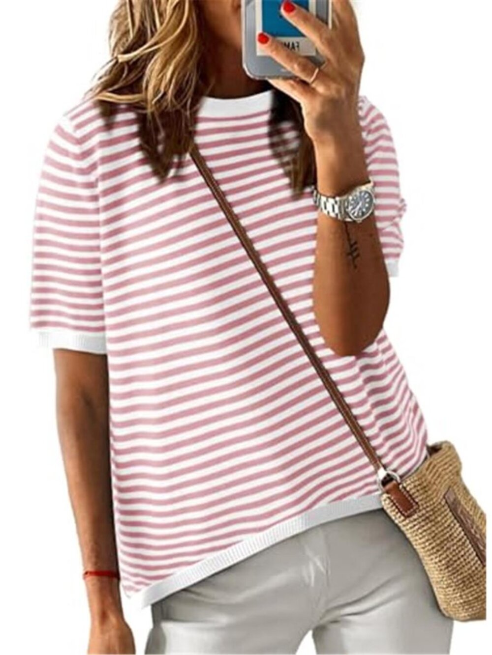Pink White Striped Color Block Knit Pullover Sweater High Low Short Sleeve Top